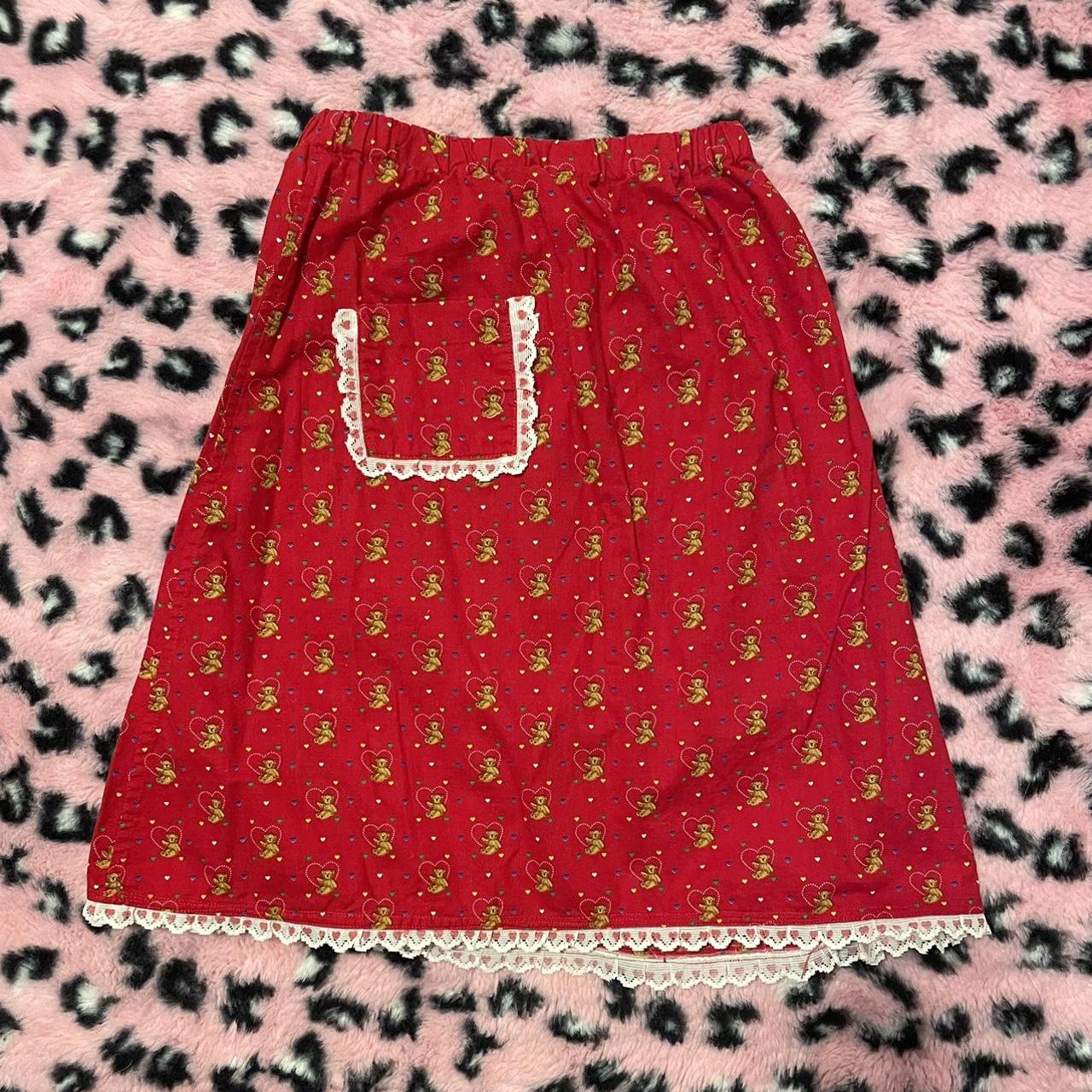 Vintage Red heart bear patterned midi skirt with... - Depop