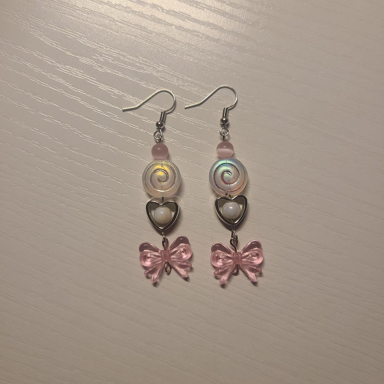 Pink Bow earrings 🎀 ♡ made with pearls, swirl... - Depop