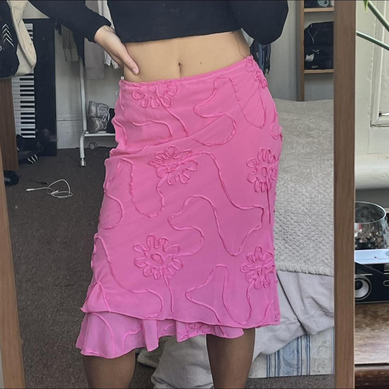 Y2k pink floral patterned mesh midi skirt. Size 34... - Depop