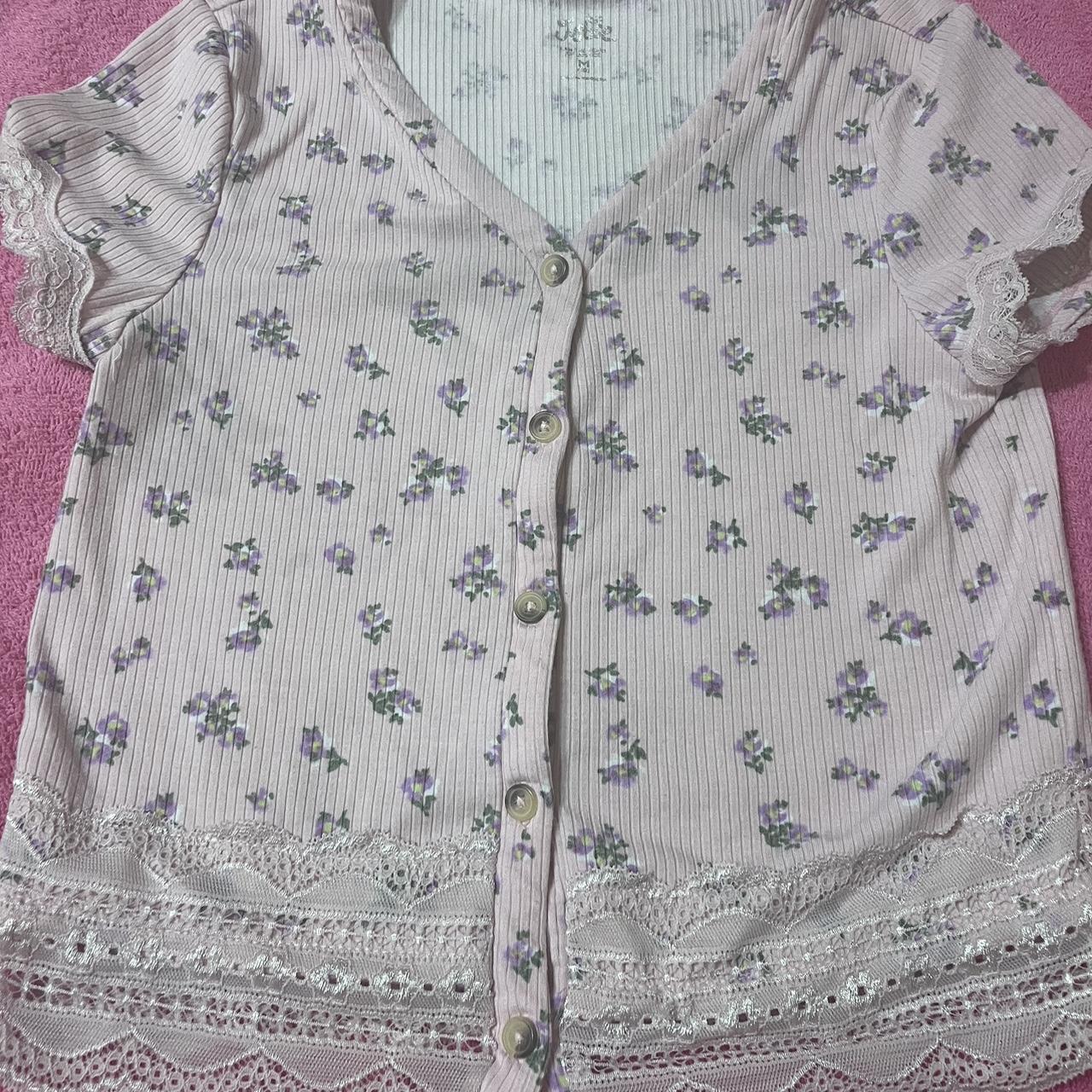 JUSTICE PINK FLORAL LACE SHIRT SIZE SMALL 18 IN H 14... - Depop