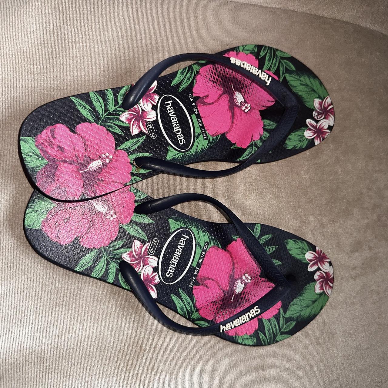 Havaianas flip flops with pink and green hibiscus. Depop