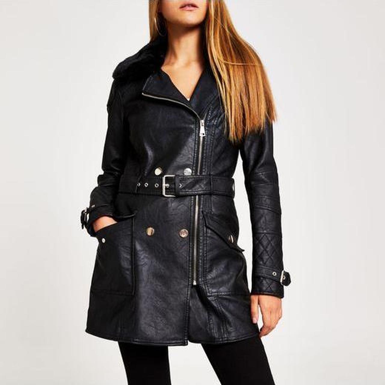 Leather River Island Coat With Belt RIVER ISLAND GREY/KHAKI FAUX