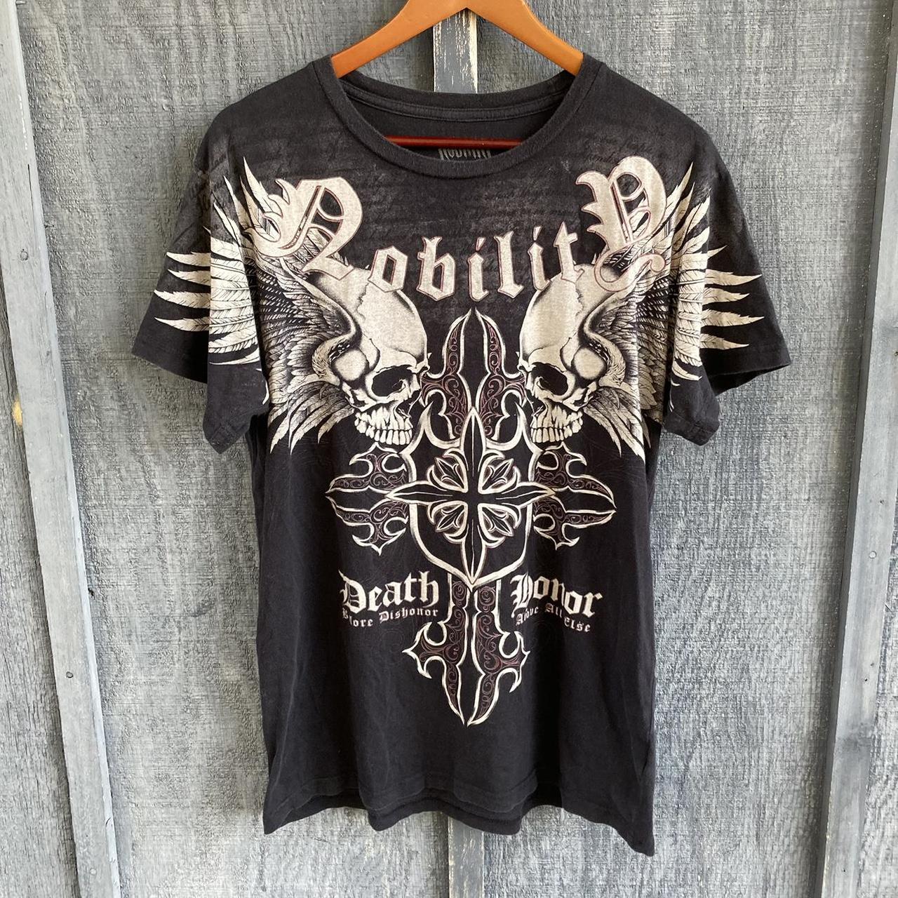 Y2K nobility double skull cross winged graphic tee... - Depop