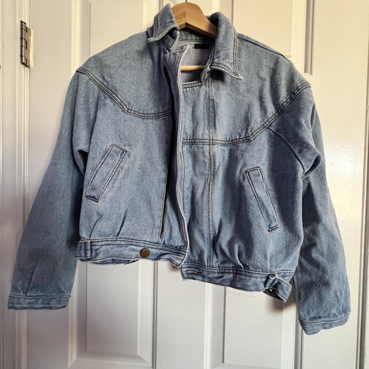 brandy melville cropped jean bomber jacket open to... - Depop