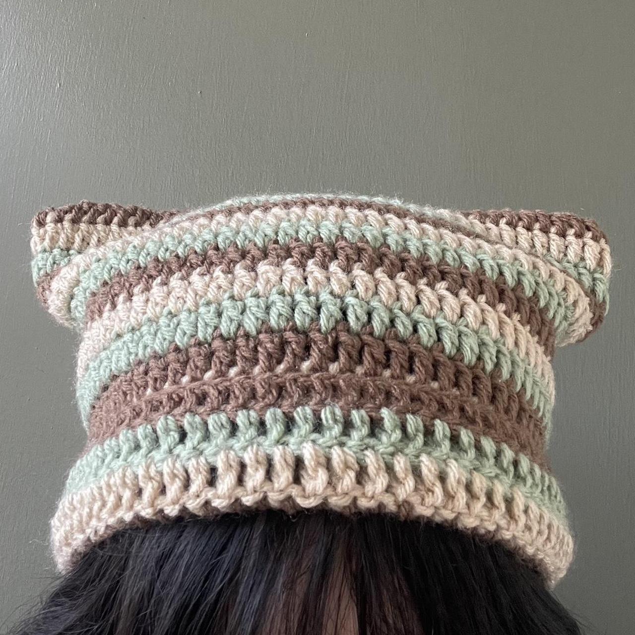 Crochet cat hat beanie! Features brown, beige and... - Depop