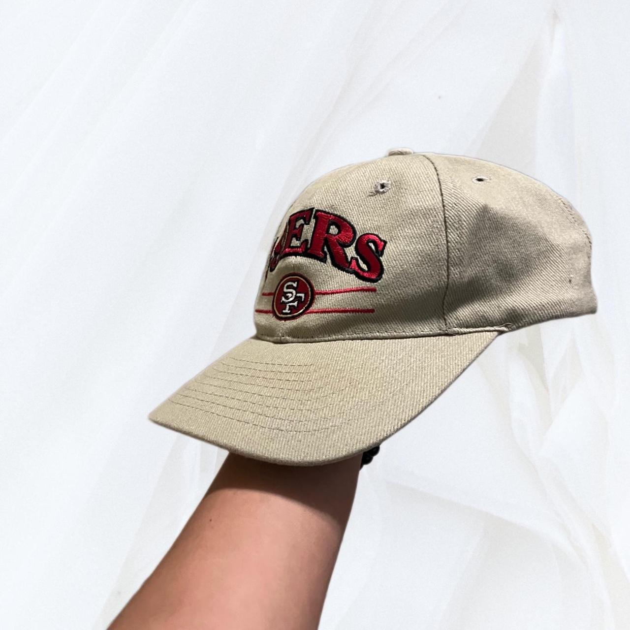 49ers strap back hat embroided logo cream and red - Depop