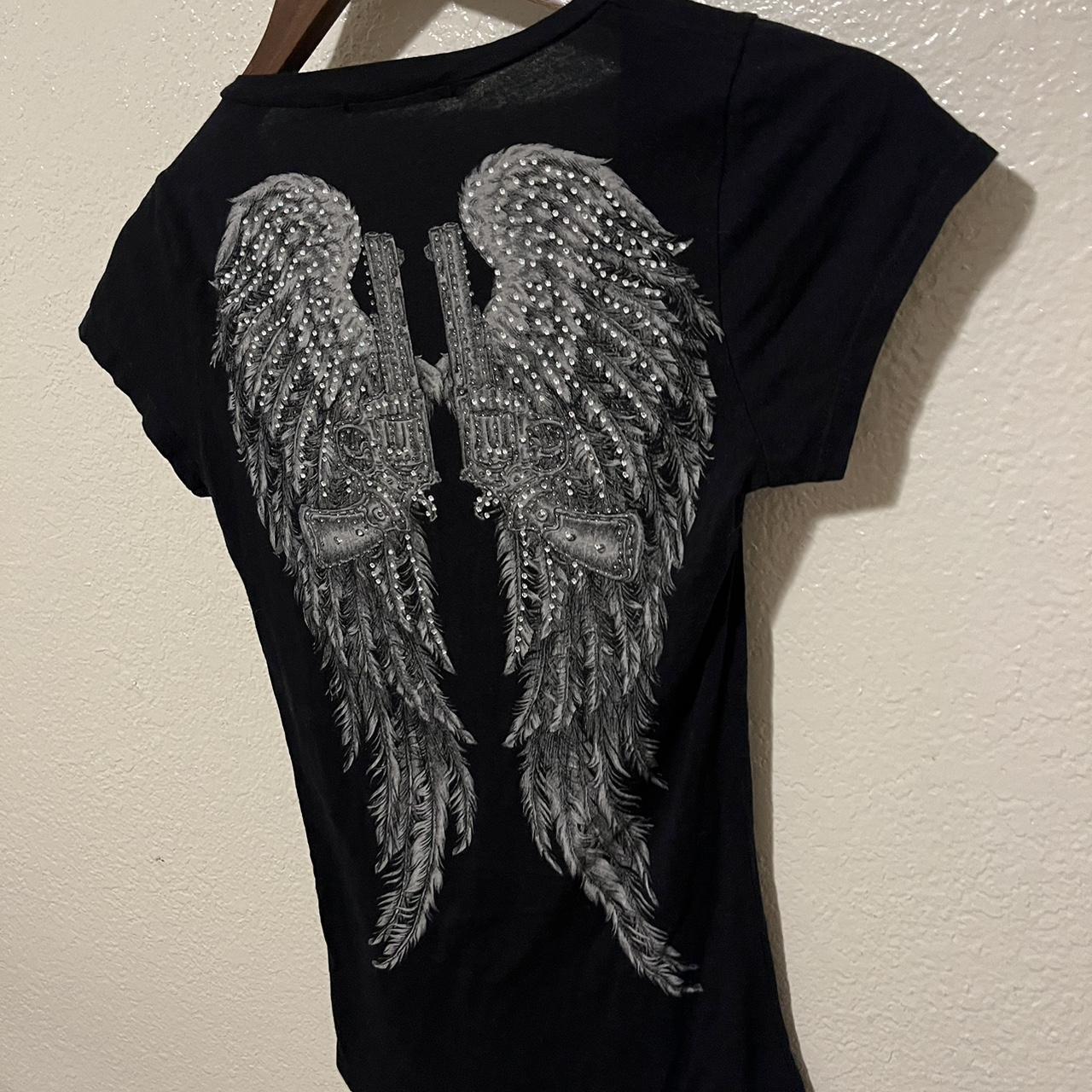 Black Y2K angel wings woman’s V-neck shirt, - no