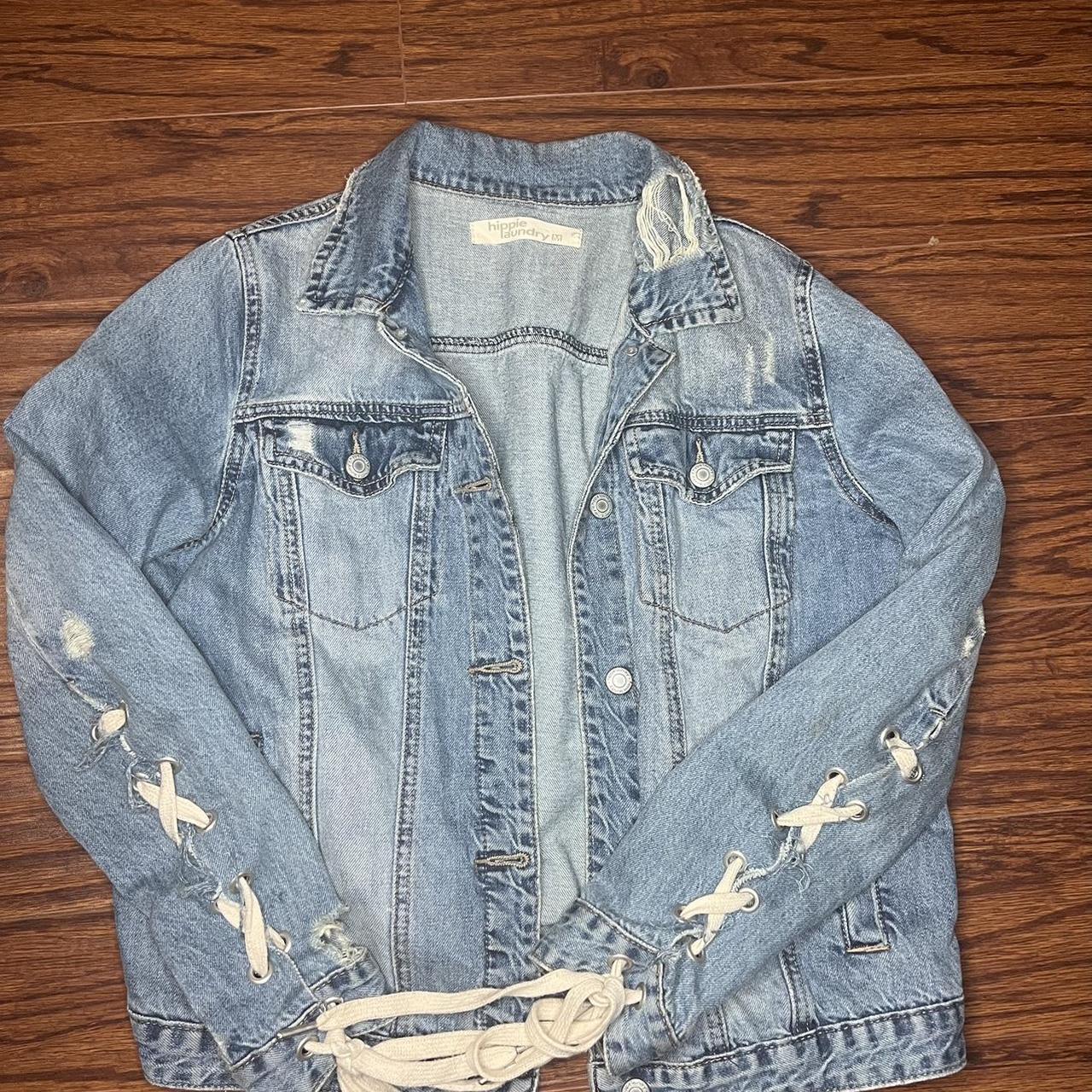 Distressed Jean jacket with lace up sleeves Size m - Depop