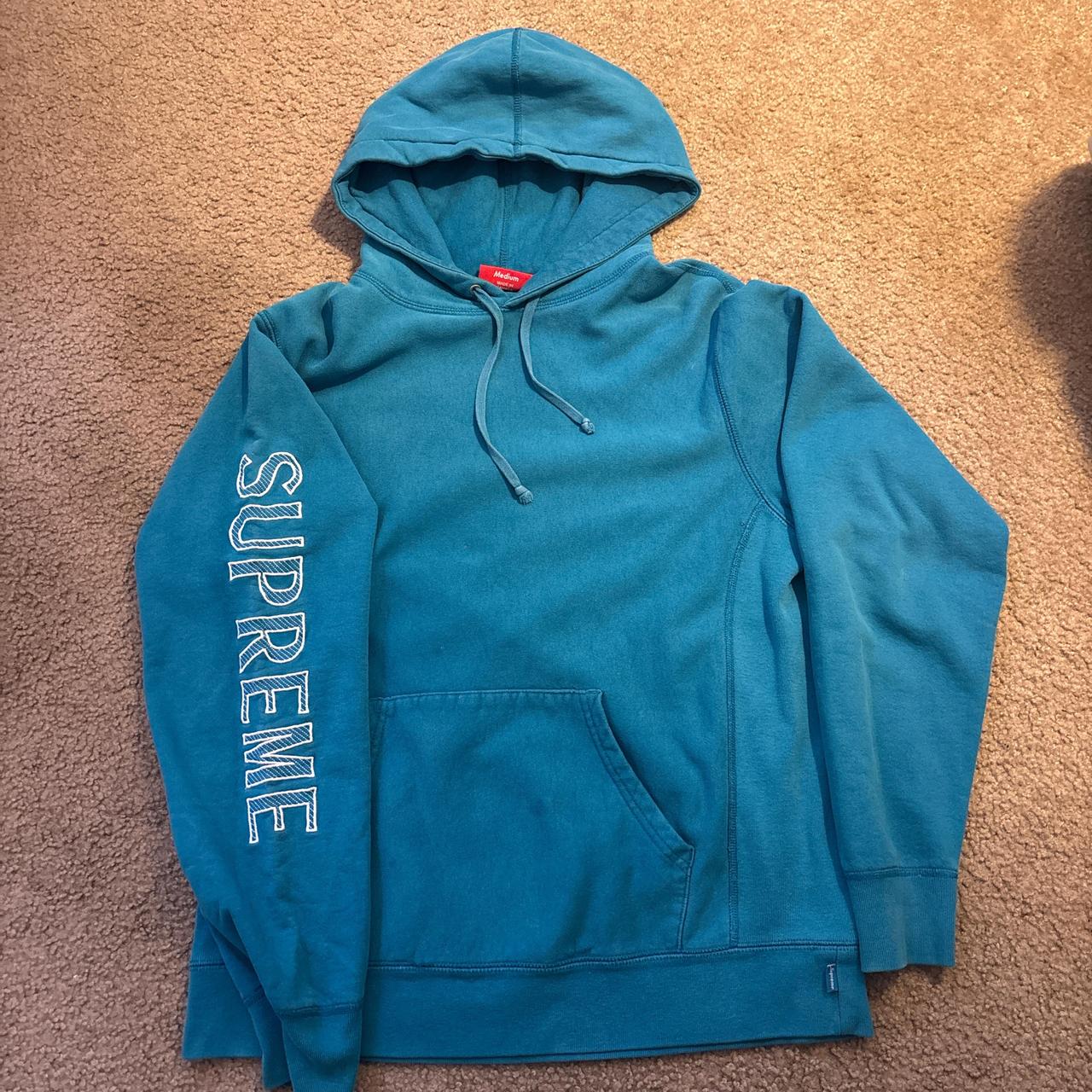 Supreme Cyan Hoodie Supreme Logo on Arm Sleeve Depop