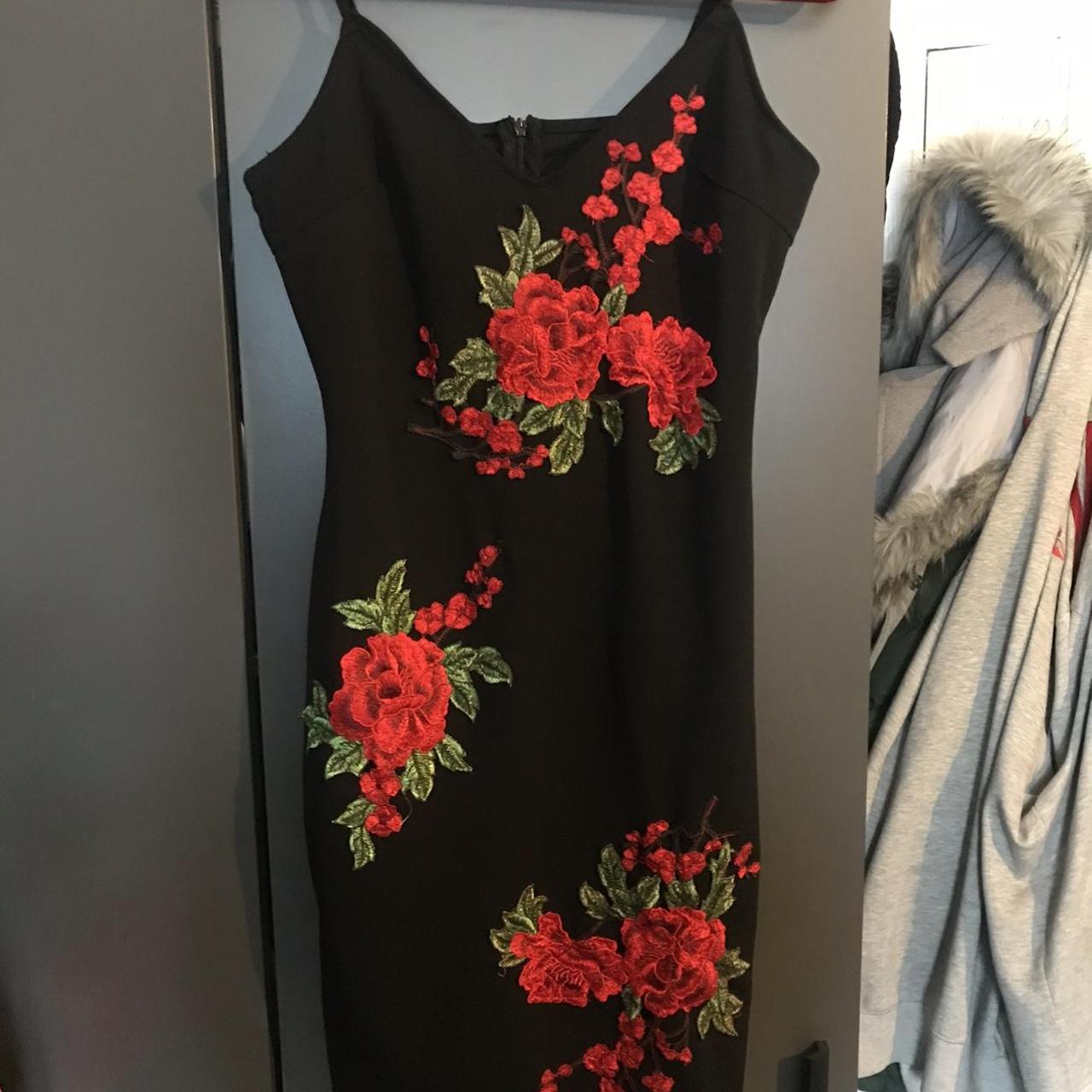 Parisian tall black midi dress with red floral... - Depop