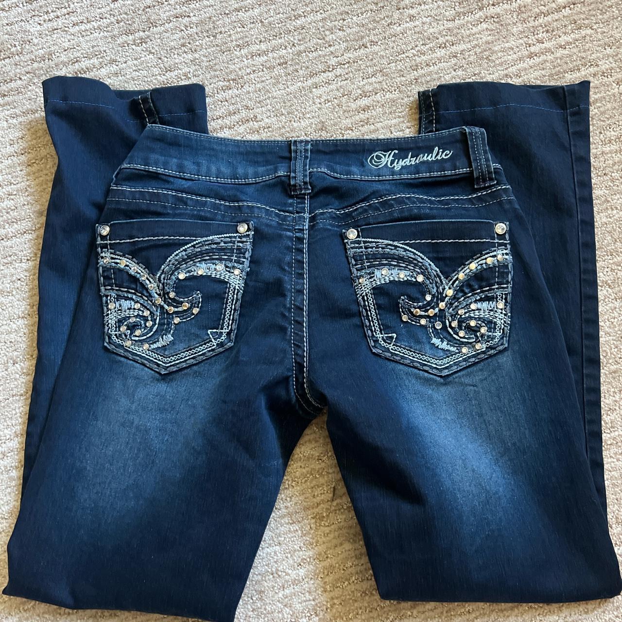 darkwash straight leg embroidered jeans size 25 or... - Depop