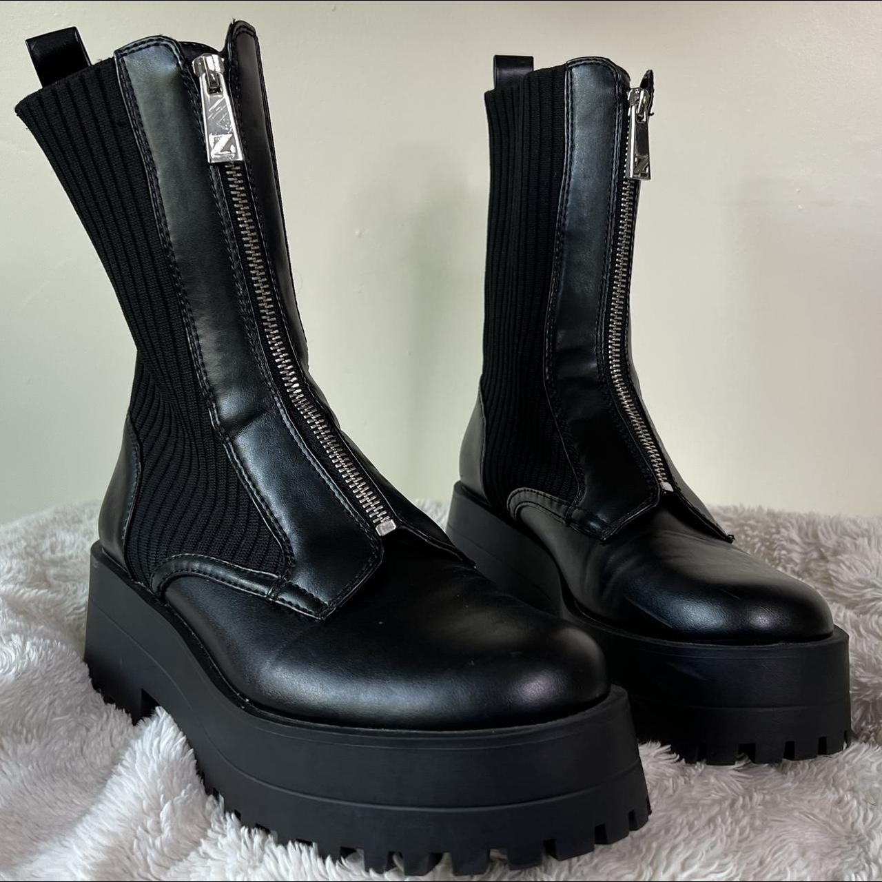 Zara Black Leather & Fabric Zipped Boots Size 7... - Depop