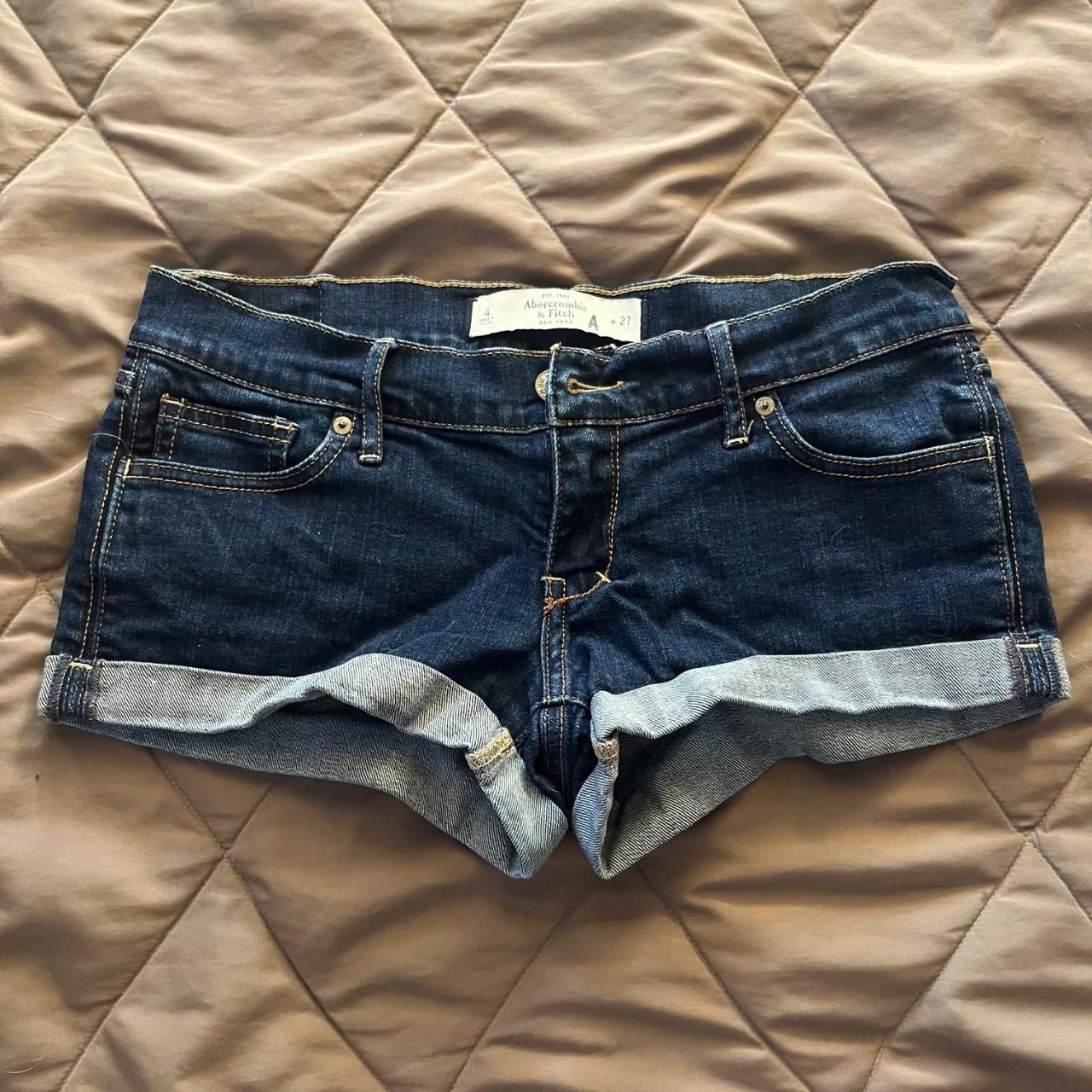 booty jean shorts, folded hem, dark wash. - Depop