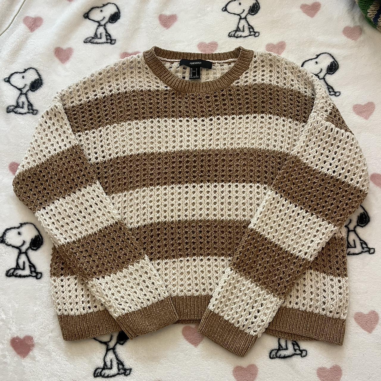 -forever 21 -brown and white knit long sleeve top... - Depop