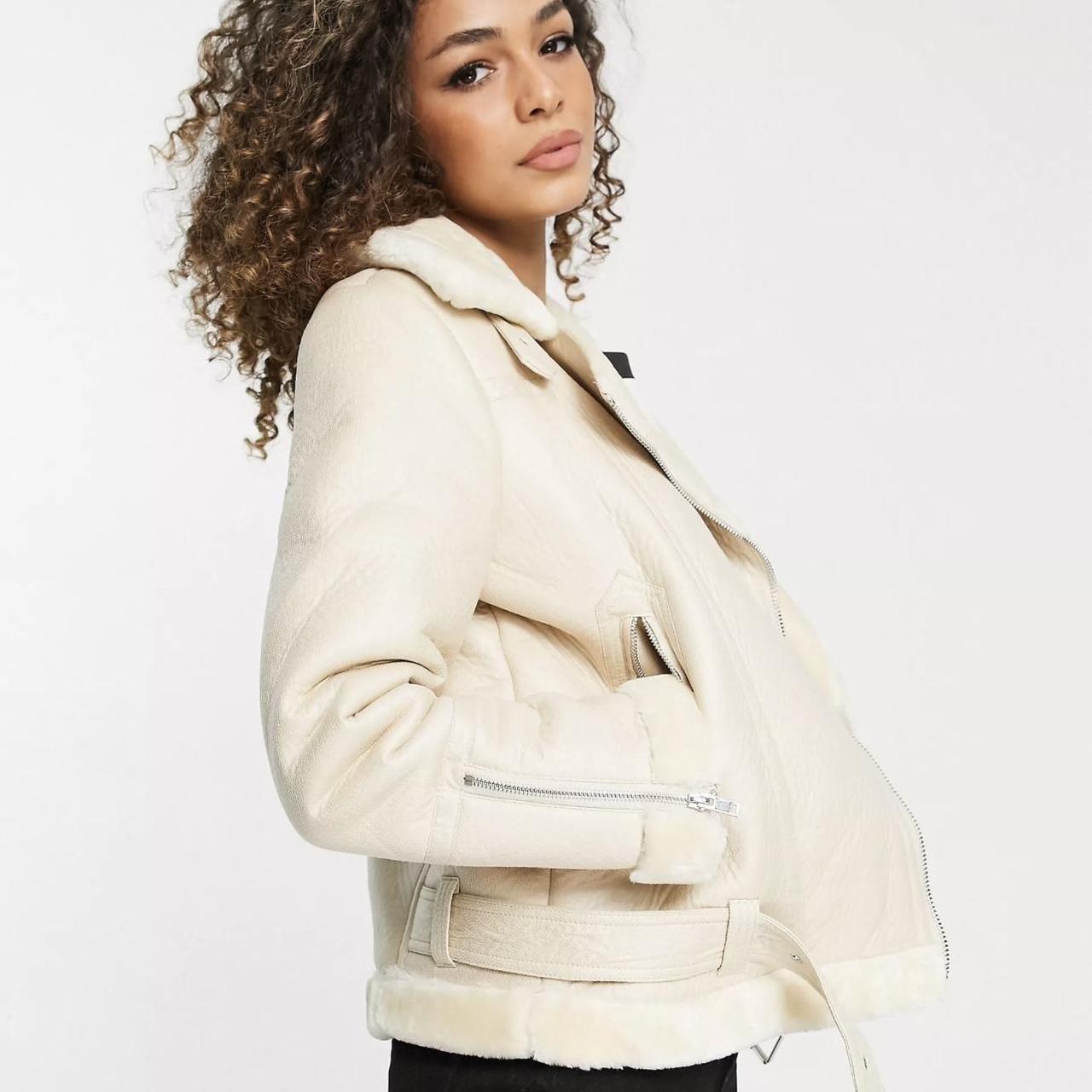 fauxshearling biker jacket in ecru Size UK... Depop