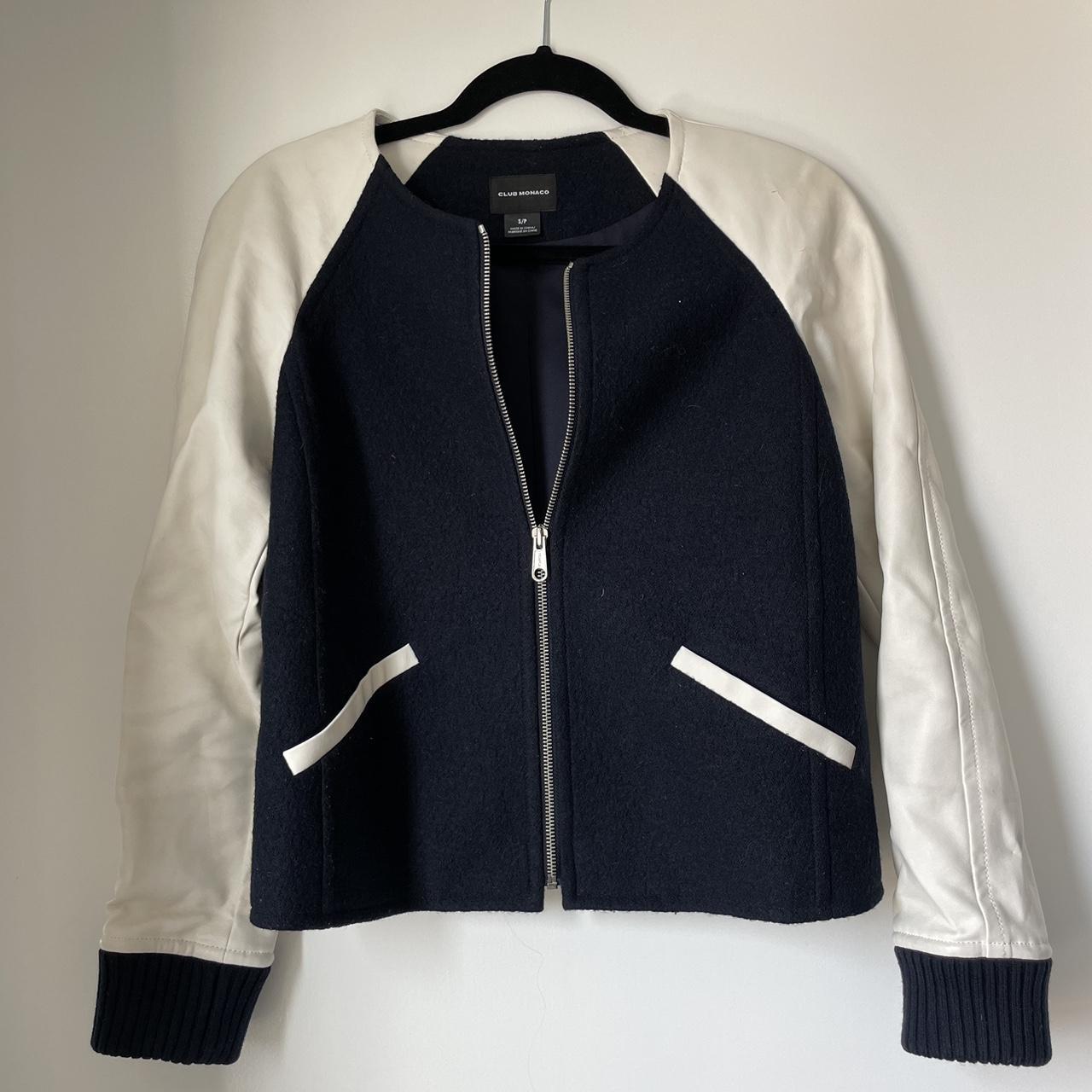 Navy Blue and White Varsity Jacket with Leather Sleeves