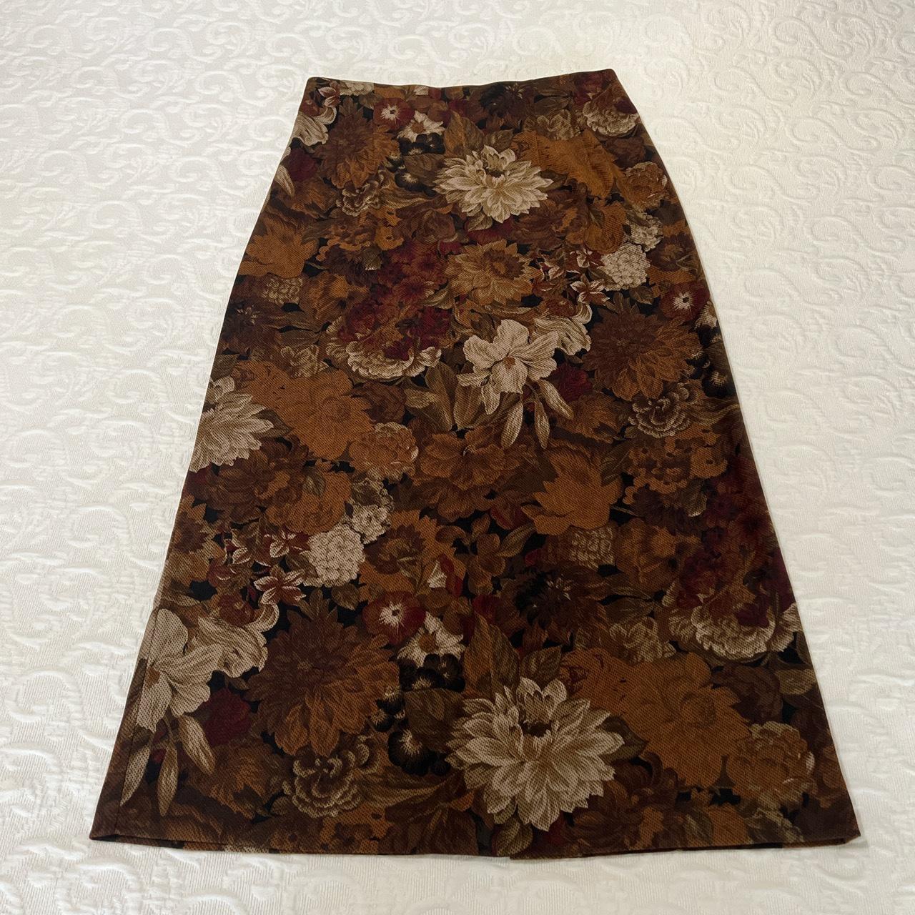 Brown Skirt With Flower Pattern! Slit On The Back. - Depop