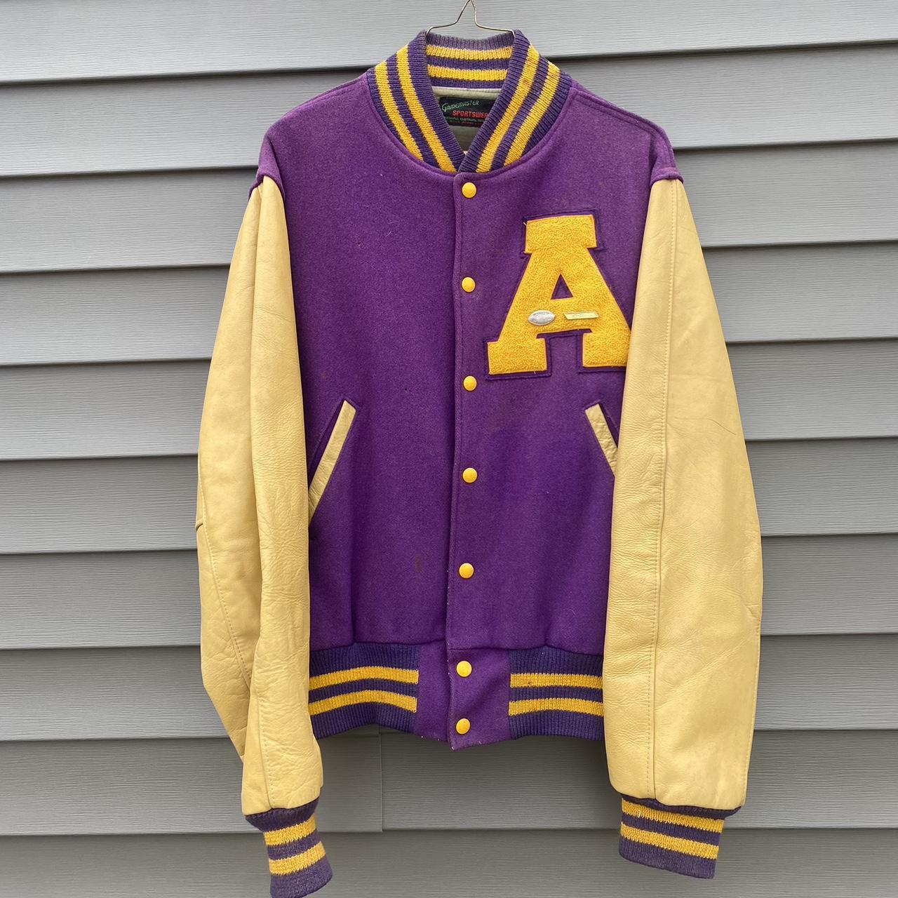 Vintage 80's A Letter varsity Jacket Purple And... - Depop