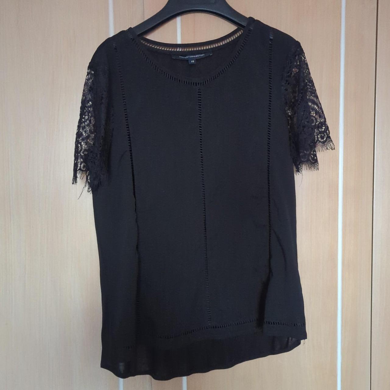 French Connection black blouse XS with lace sleeves... - Depop