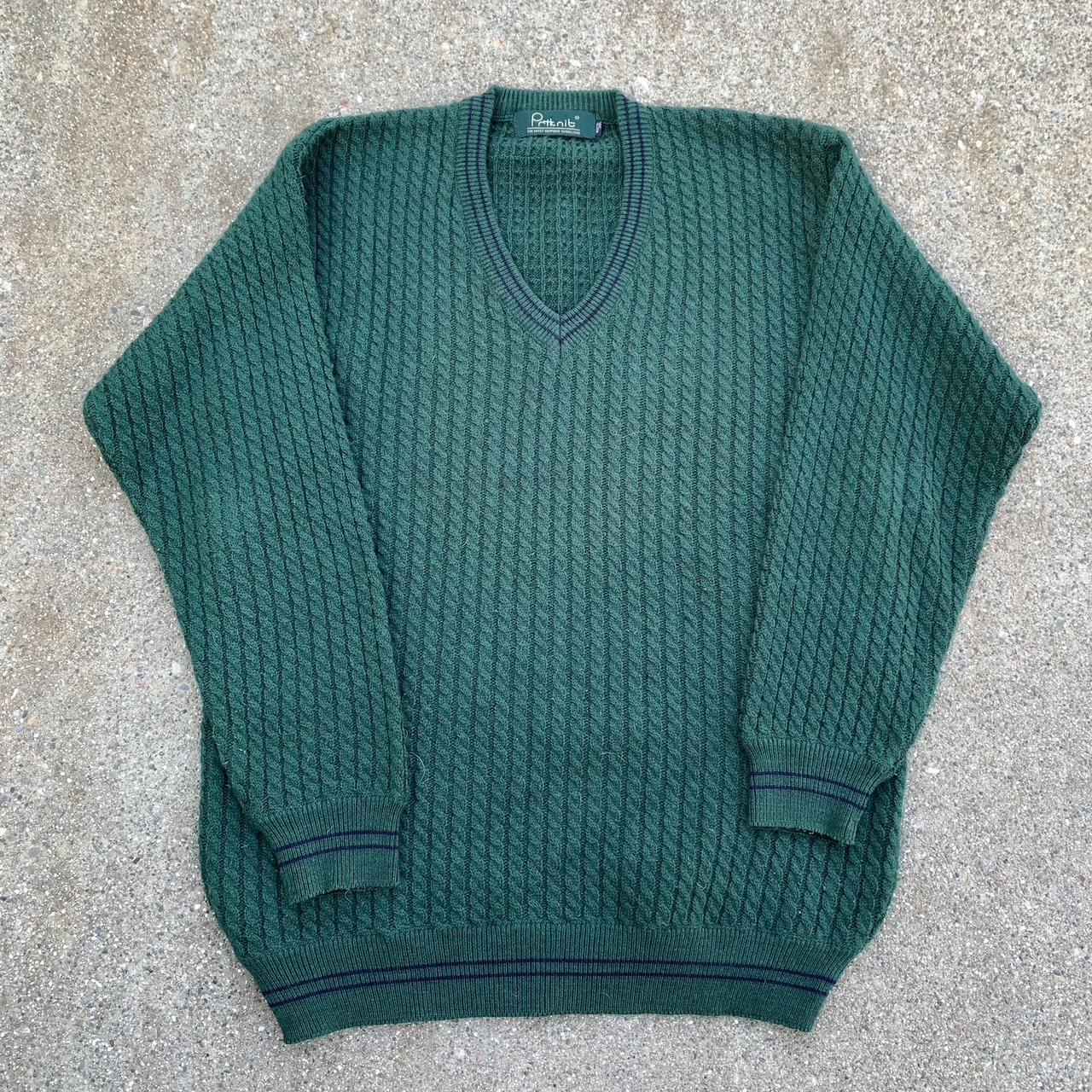 90s green 3d knit striped sweater purple accents... - Depop