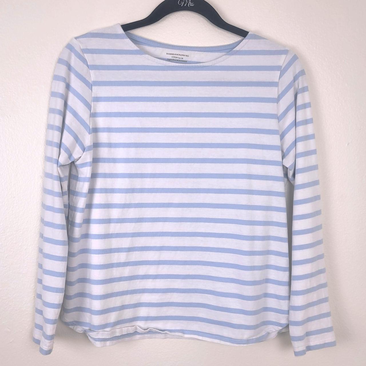 Monoprix Baby Blue & White Breton Stripe Long Sleeve... - Depop