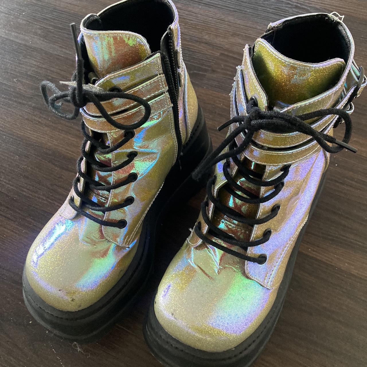 Demonia Women's Yellow and Pink Boots | Depop