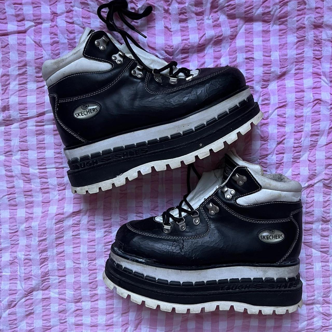 vintage y2k 00s black and white leather chunky... - Depop