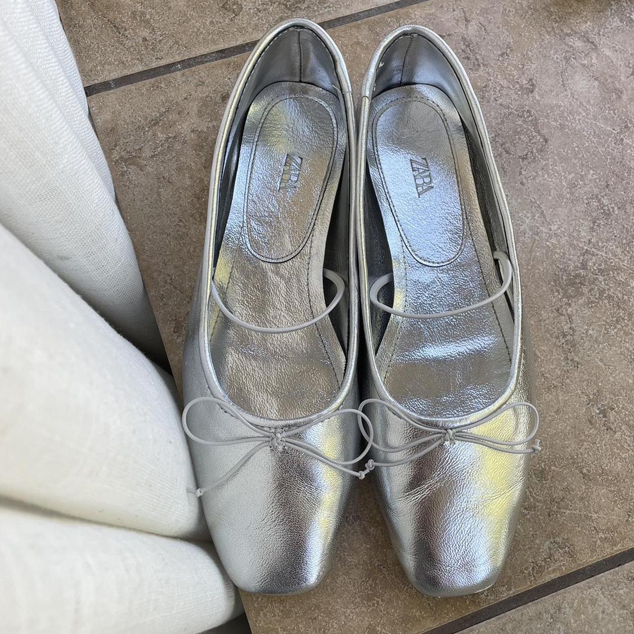 Metallic silver leather ballet flats with strap and... - Depop