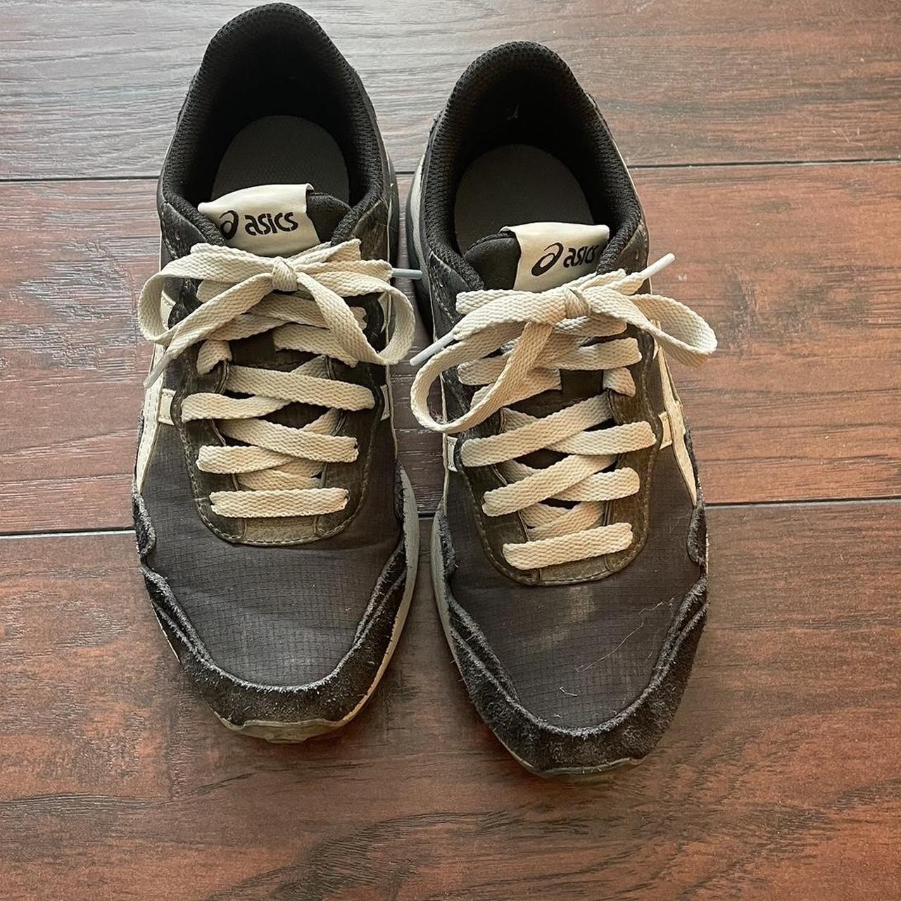 Black and white ASICS running shoes - Depop