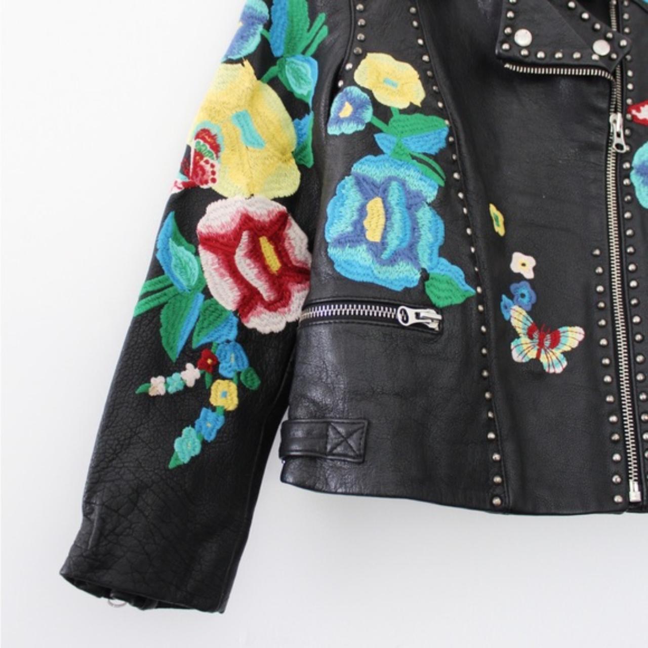 ASOS Premium Leather Biker Jacket With Floral Embroidery Black Size 6 $316