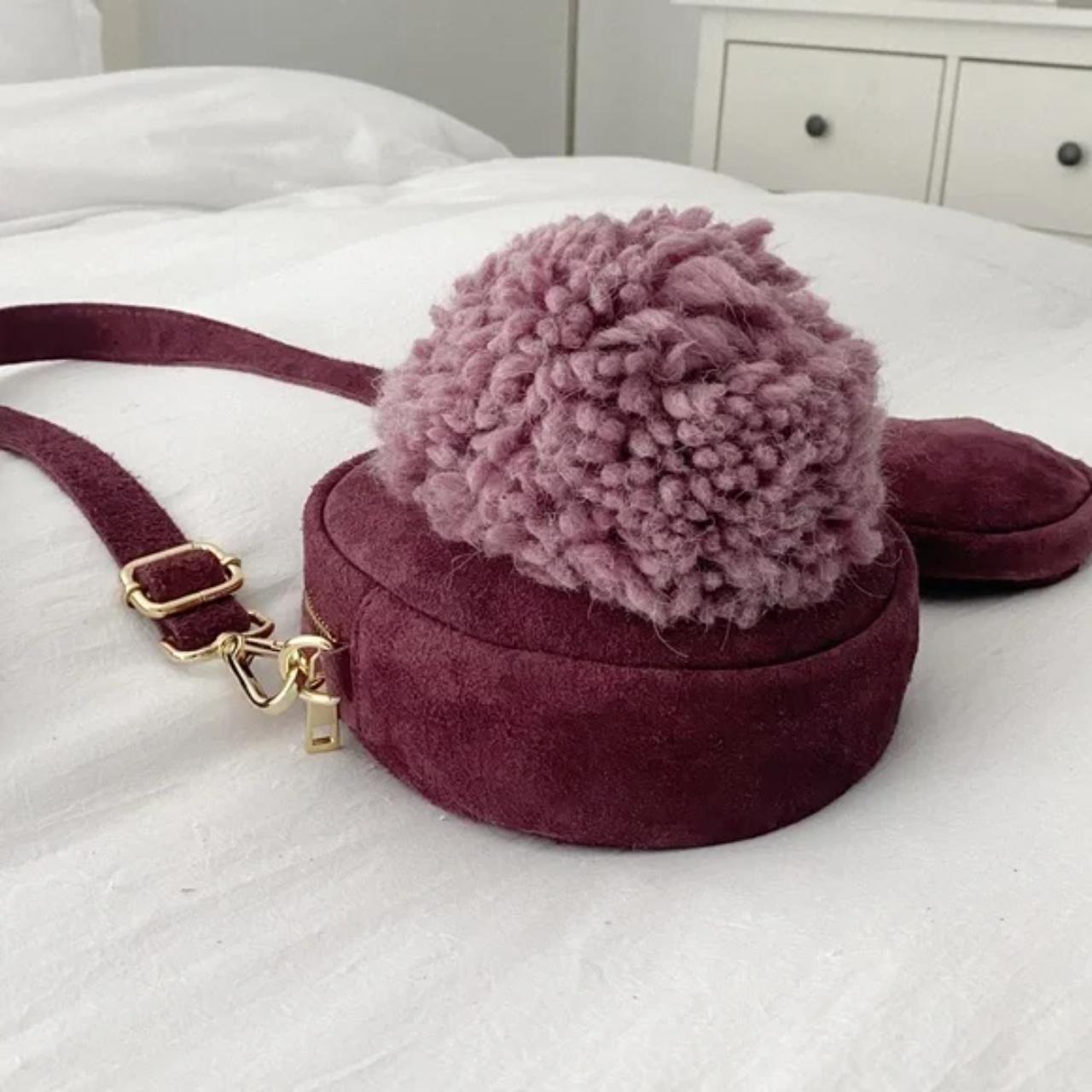 TSD12 Suede Leather Pompom Circle Crossbody Bag store in Maroon Retail $373