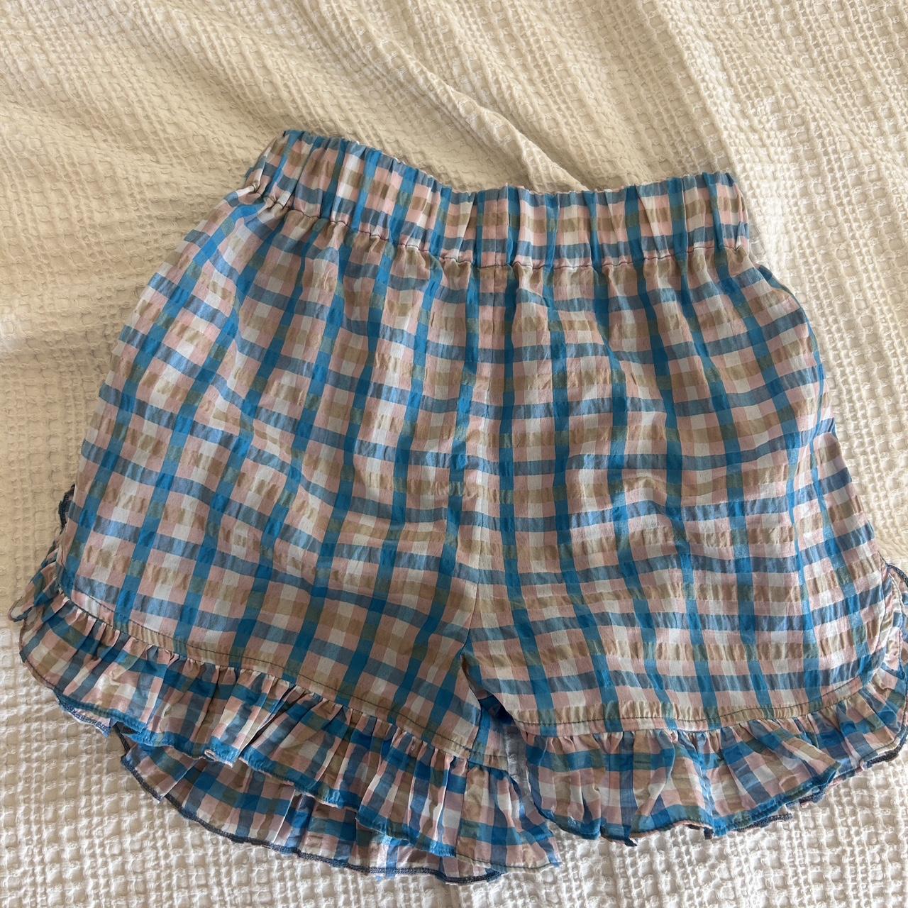 Ganni brand new with tags ruffled checked shorts.... - Depop