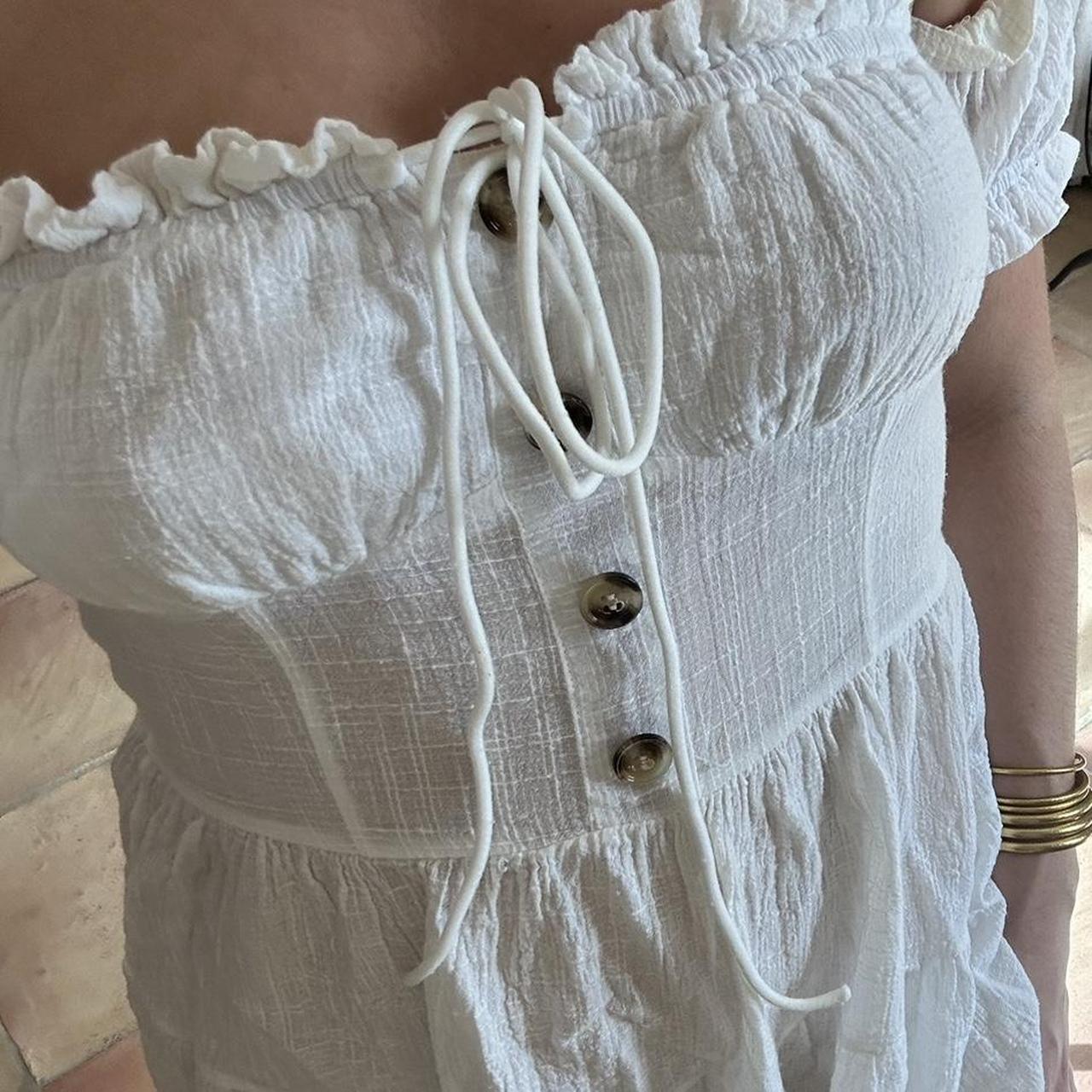 Off the shoulder white linen style textured dress... - Depop