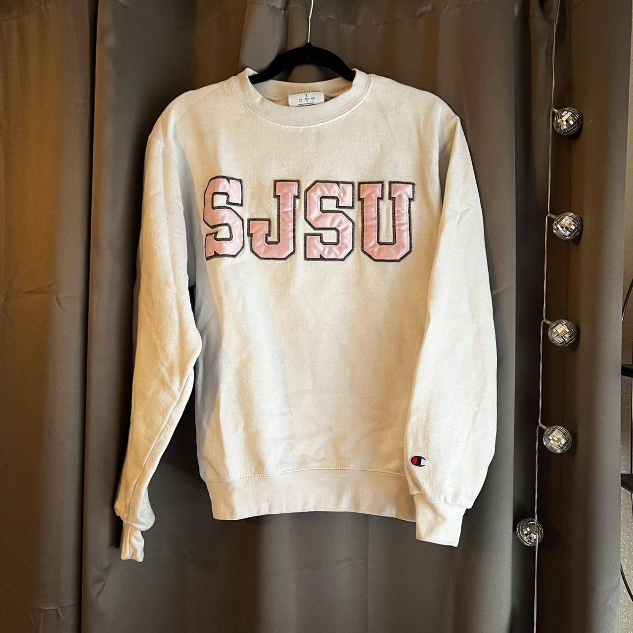 Pink and white sjsu varsity crewneck sweatshirt. has