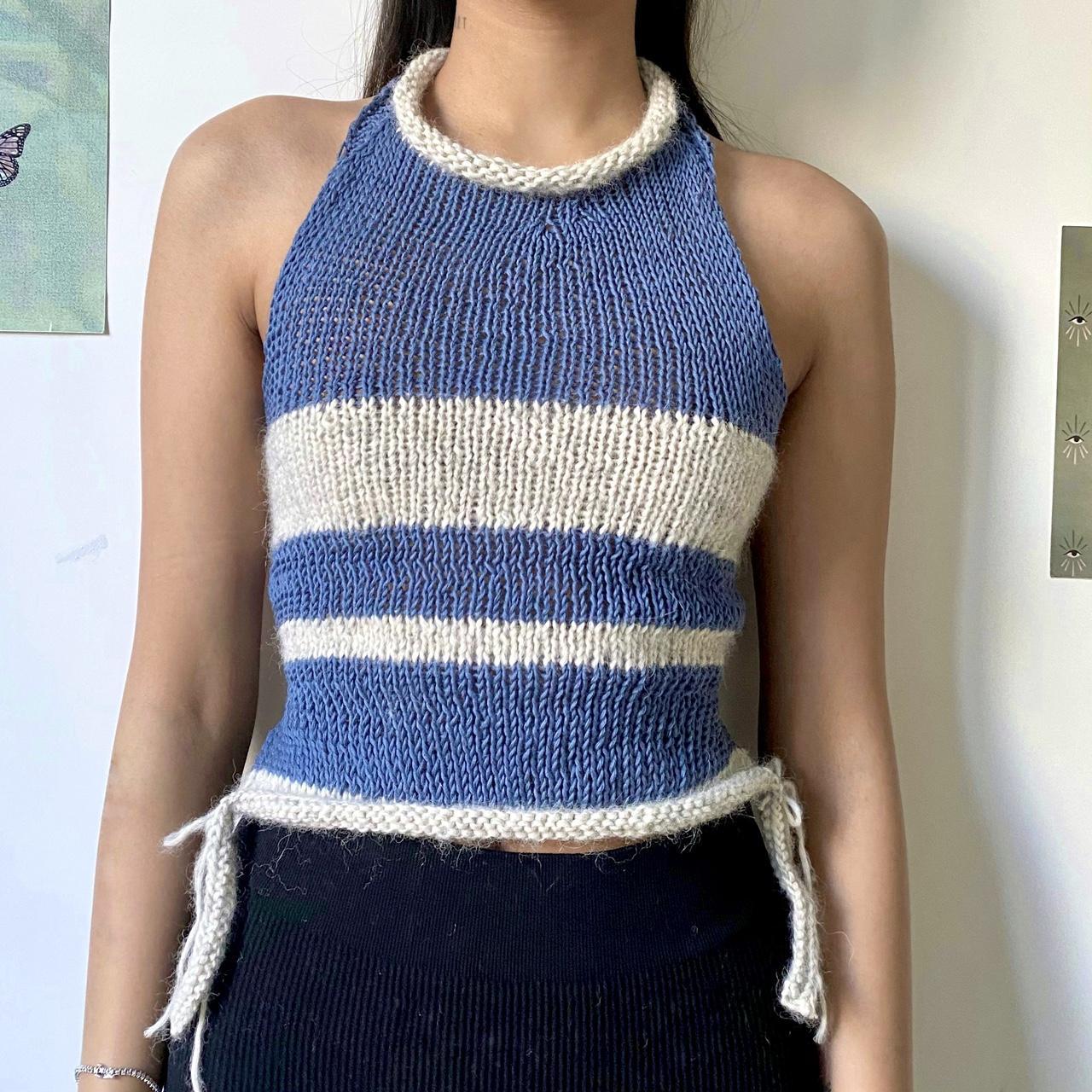 Knit blue and white halter top with ties Cotton... Depop