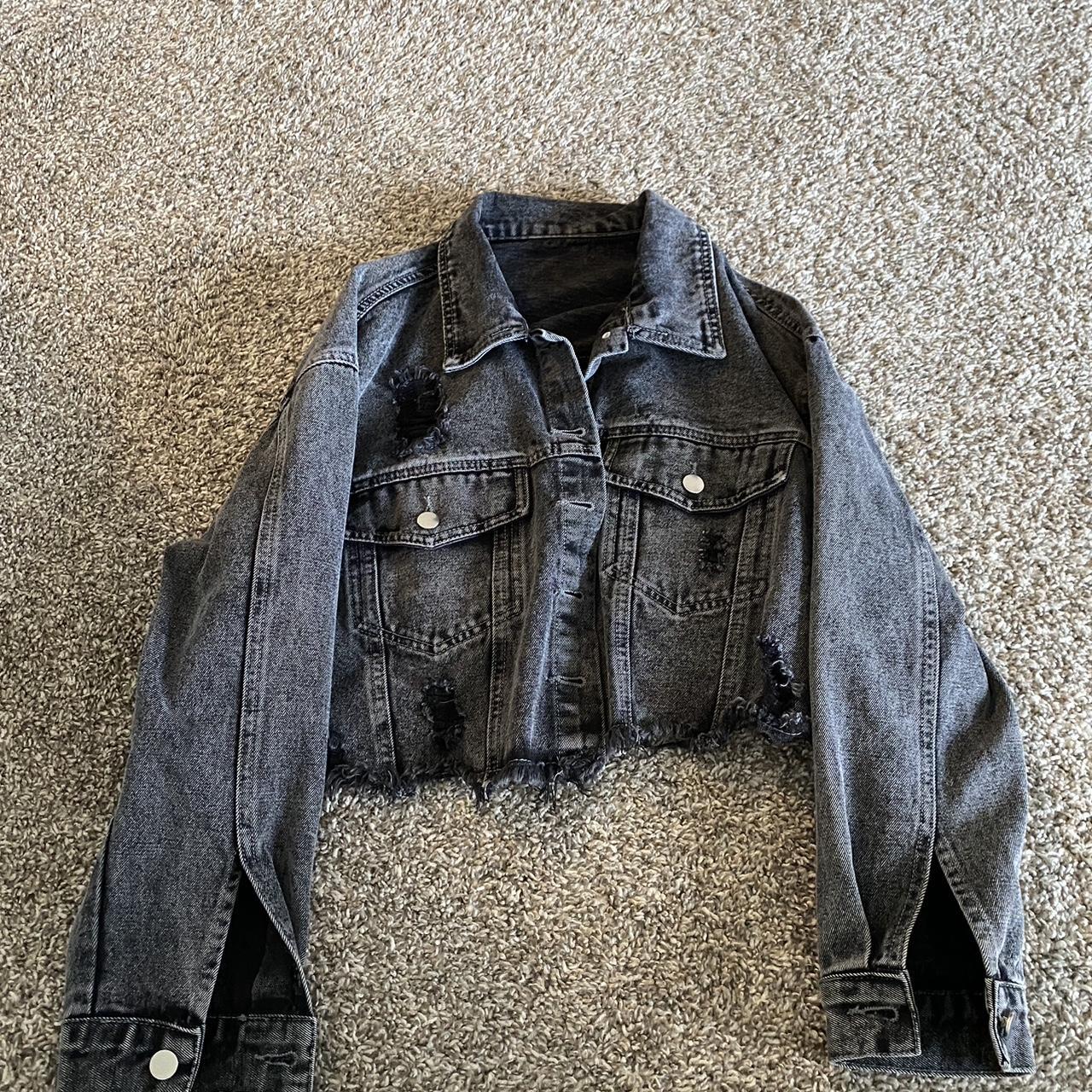 cropped, gray, denim jacket shein size m Depop