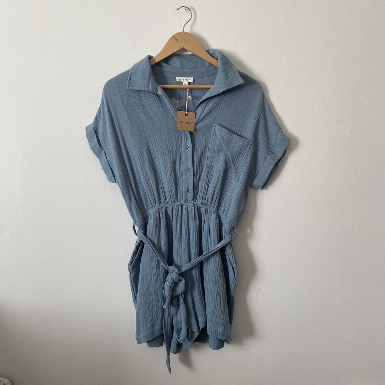 NWT Blu Pepper dusty Blue Muslin Soft Romper with... Depop