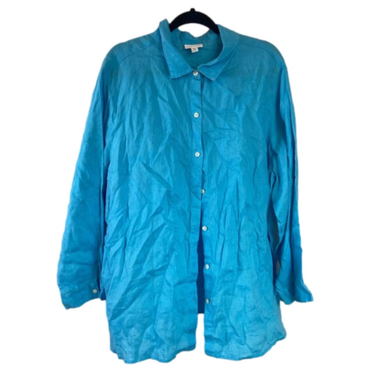 J Jill love linen aqua blue size 3X button up blouse - Depop
