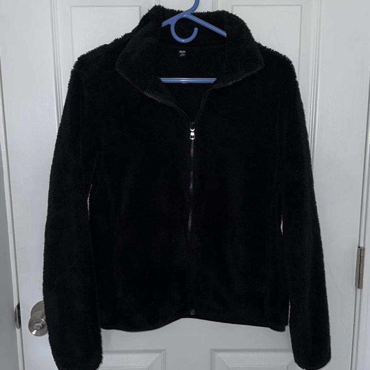 uniqlo black fluffy jacket -women's size medium -no... - Depop