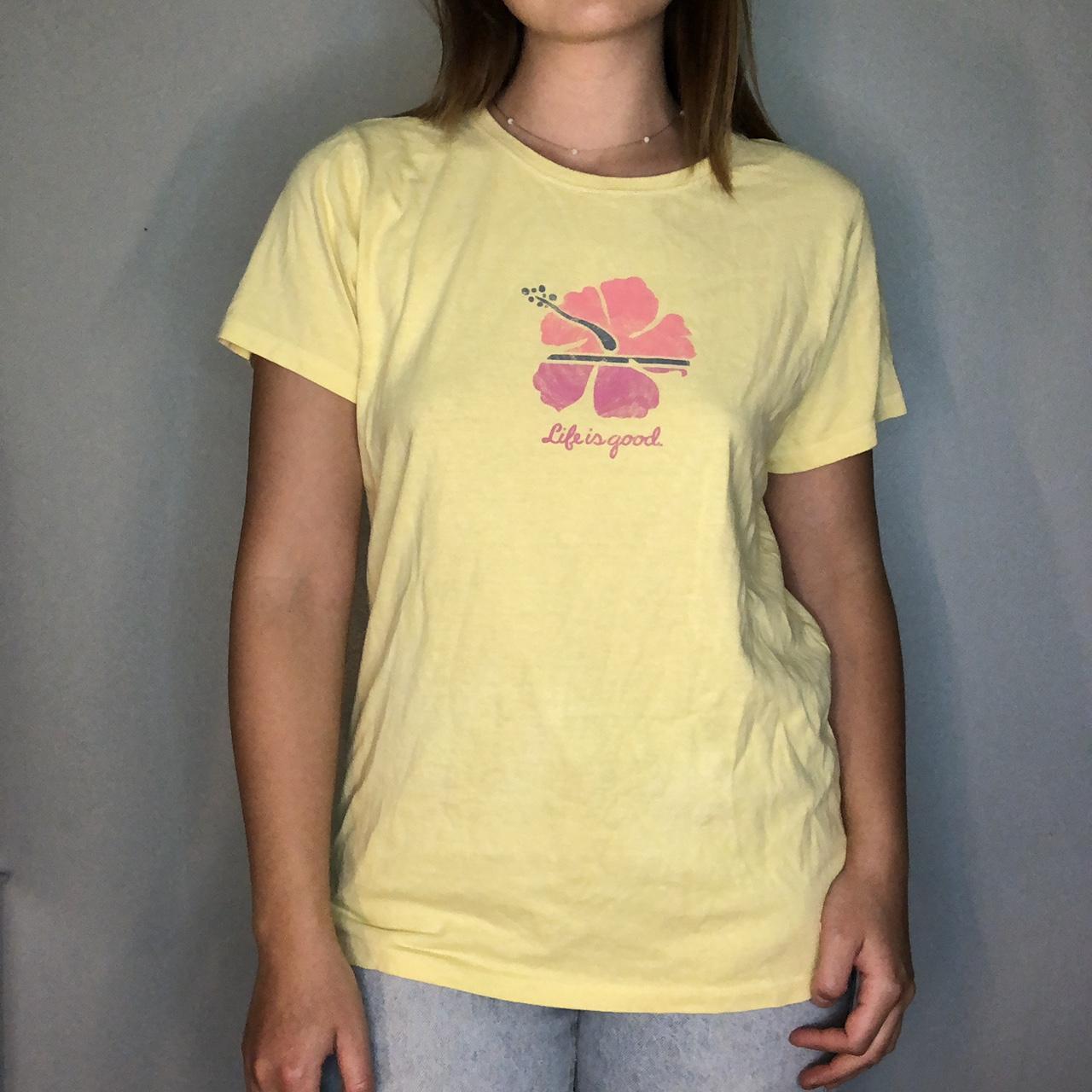 Life is good tee shirt yellow with hibiscus