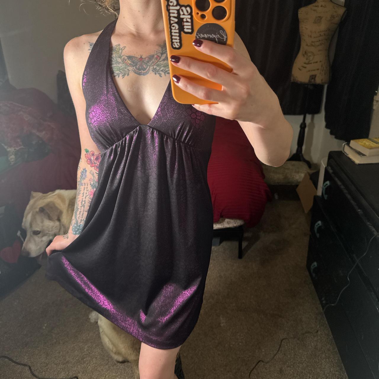 Wet Seal Women's Dress - Purple/Black - M – Purple metallic snake/dragon scales print mini dress …