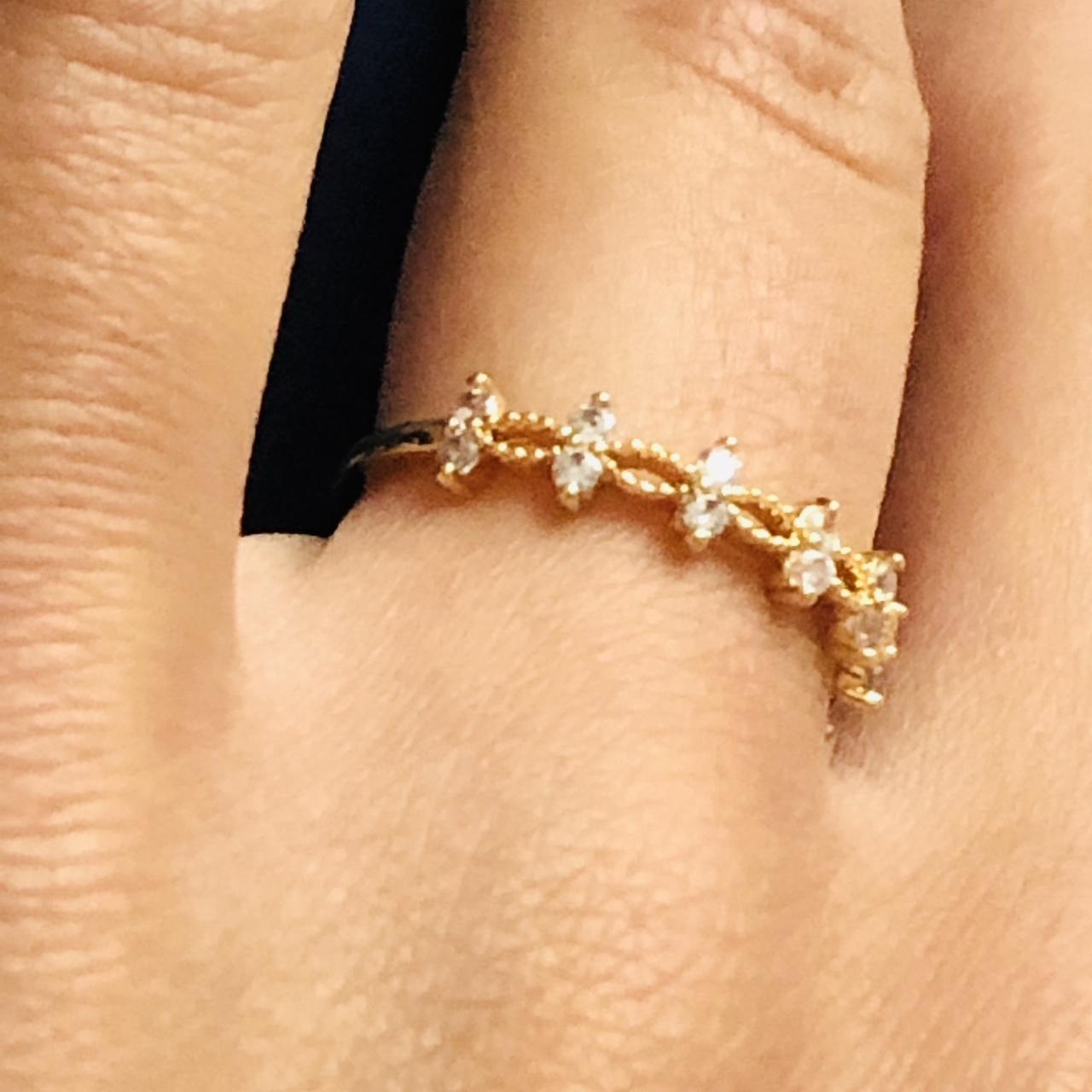 Gold plated brass engagement ring with zircons size... - Depop