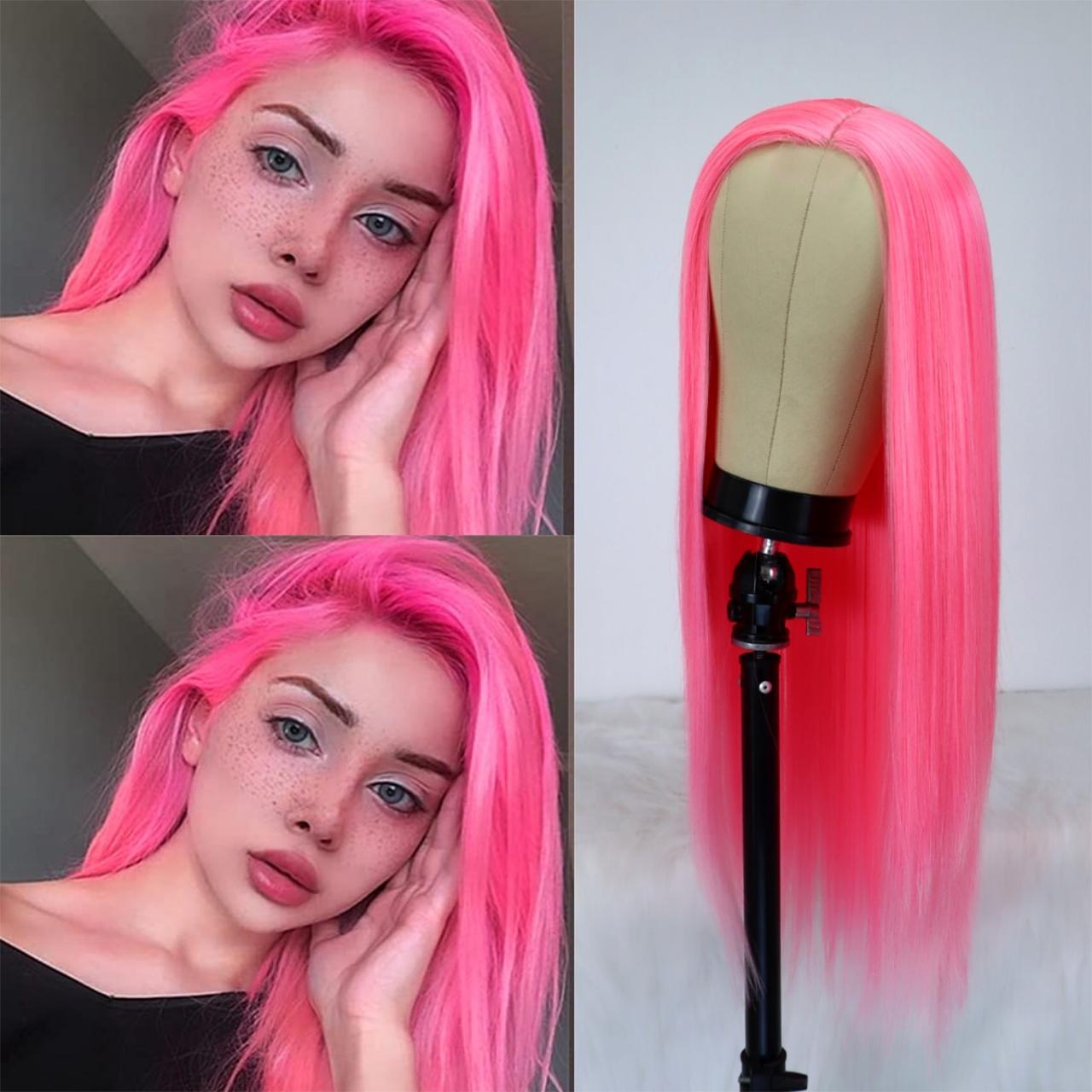 Pink Hair Wig Long Straight Hair Heat Resistant... Depop