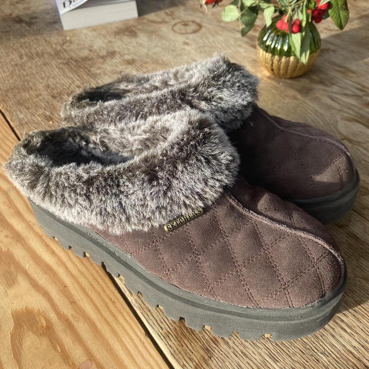 Chocolate brown vintage slip on fur lined Skechers... - Depop