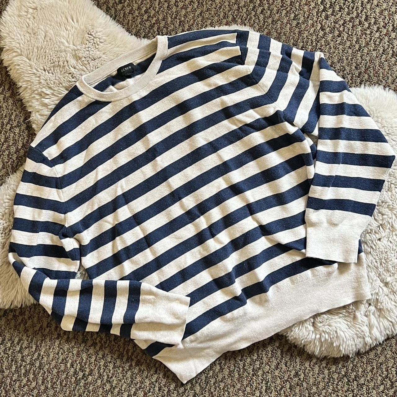 white sweater with blue stripes on sleeves great - Depop