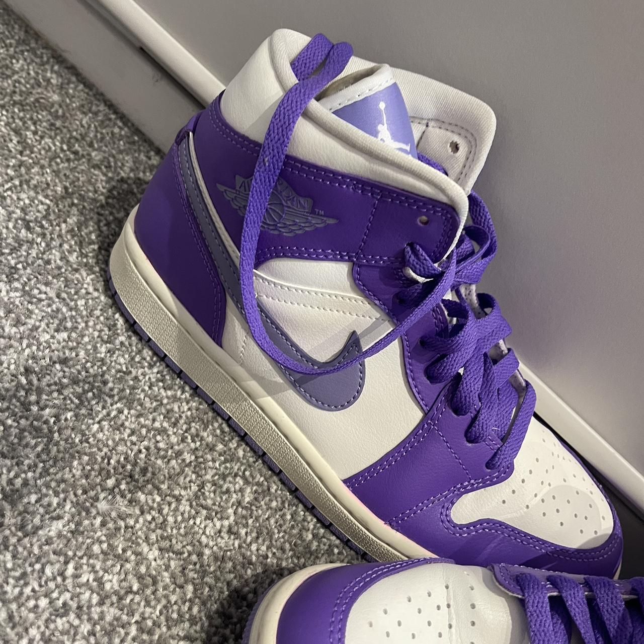 White and purple Nike Jordan’s 1 mid in purple... - Depop