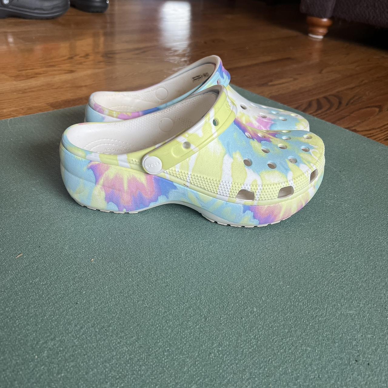 Brand new lime green crocs with white/grey tie dye - Depop