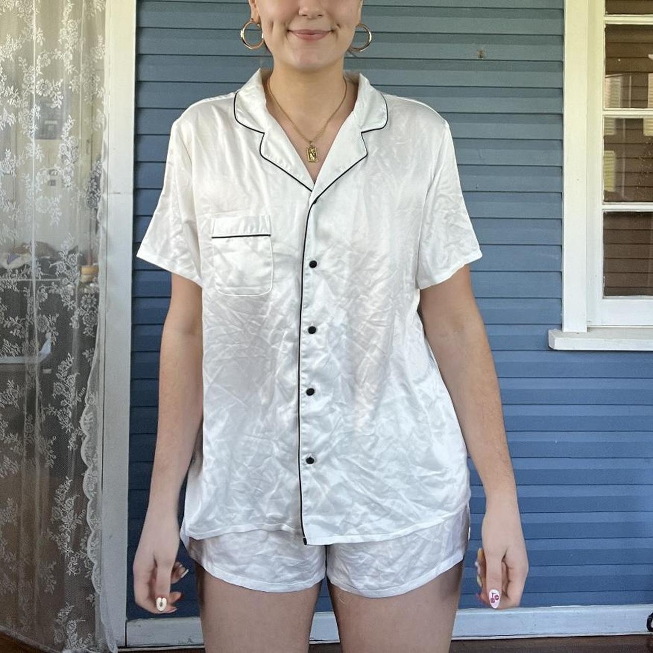 White Satin PJ Set with Black Piping Detail Depop