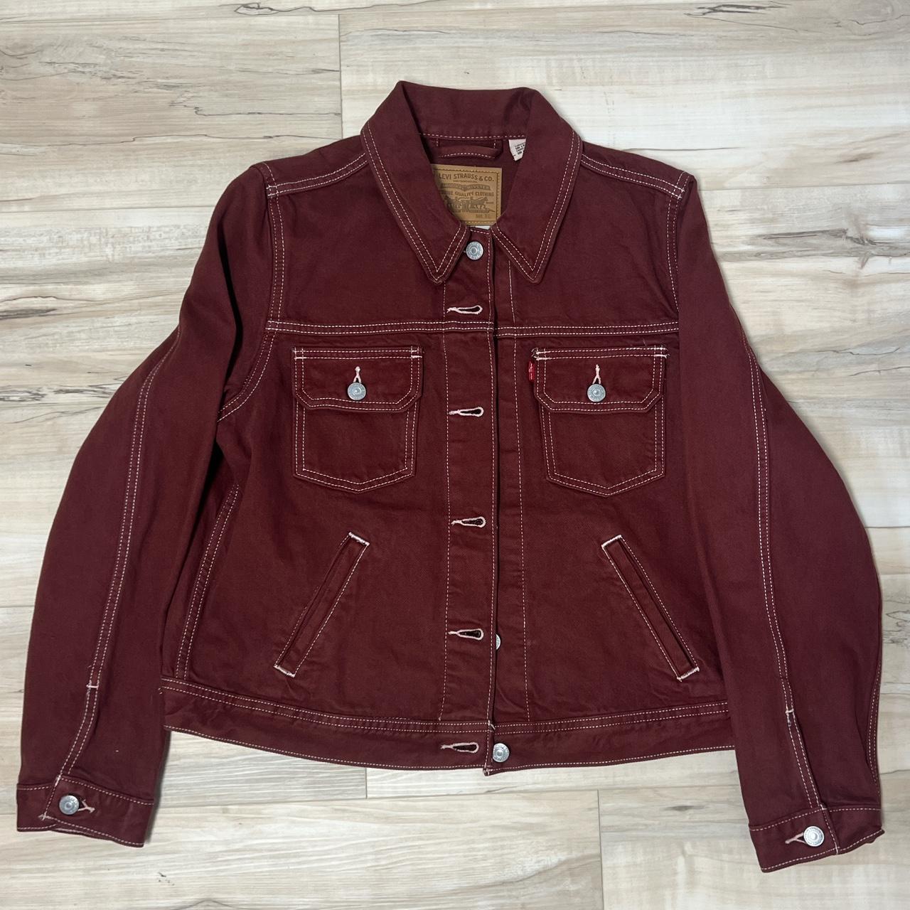 Burgundy denim jacket Fits as Depop