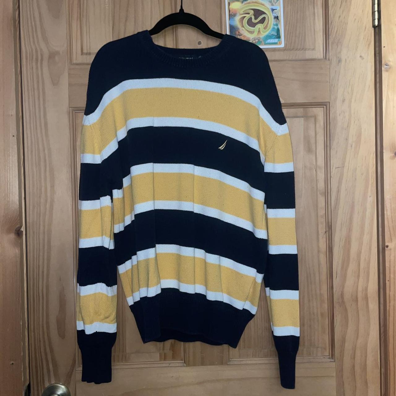 Nautica Yellow Navy Blue and White Stripped Sweater... - Depop